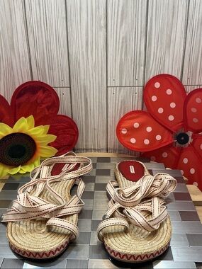 Leon Max Red-Trim Espadrille Wrap Sandals